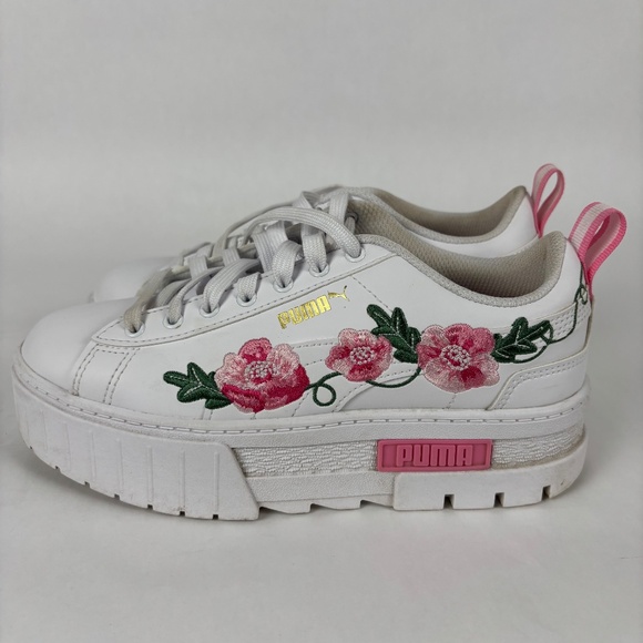 Puma Mayze White, Garnet Rose-Vine Embroidery Size 7 Platform Shoes - Picture 6 of 13